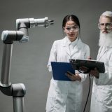 Inżynier robotyki analizujący dokumentację patentową przy robocie przemysłowym